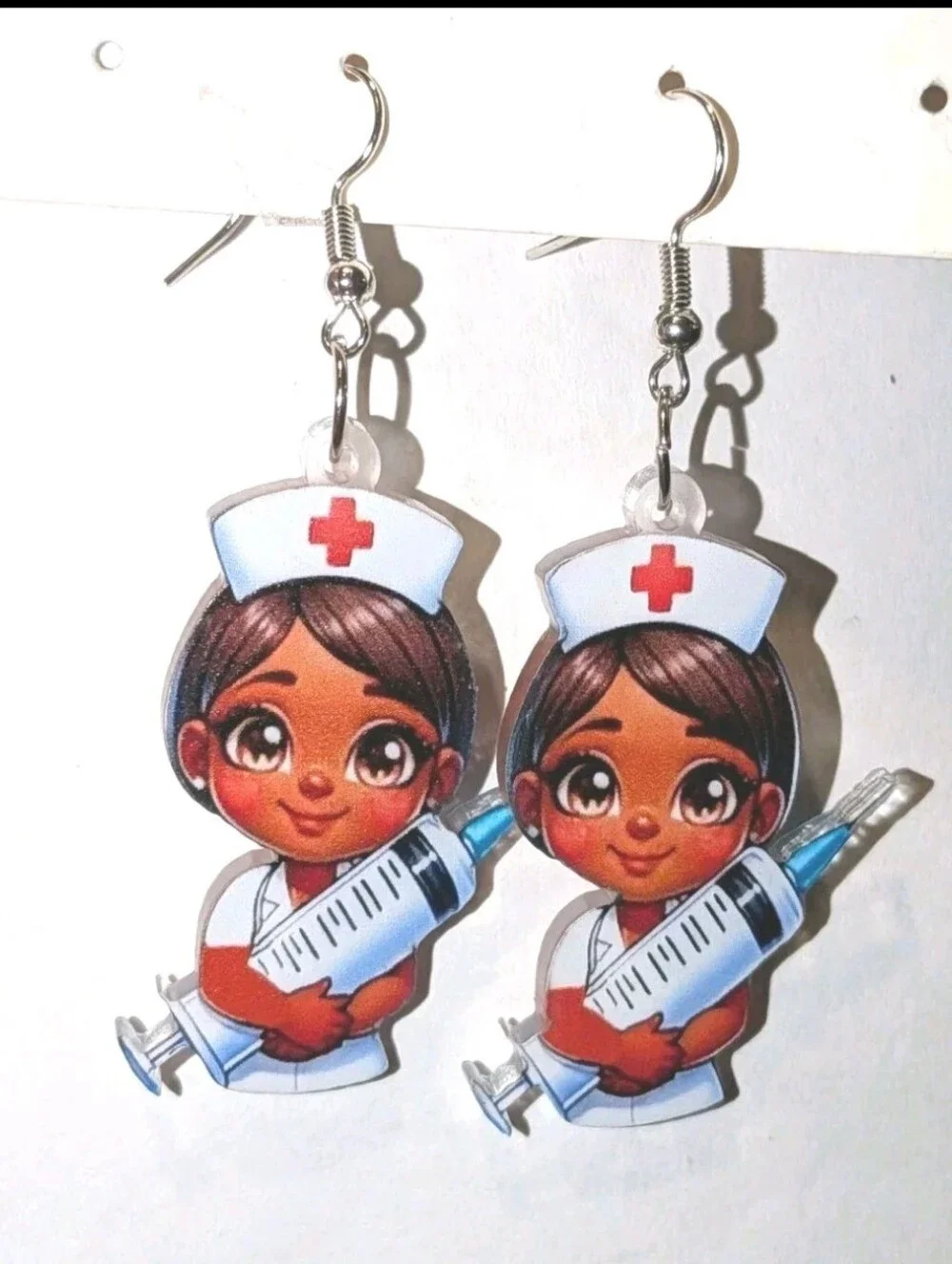 Hand Crafted Cute Nurse Acrylic Dangle Earrings - Brown Skin, White & Red